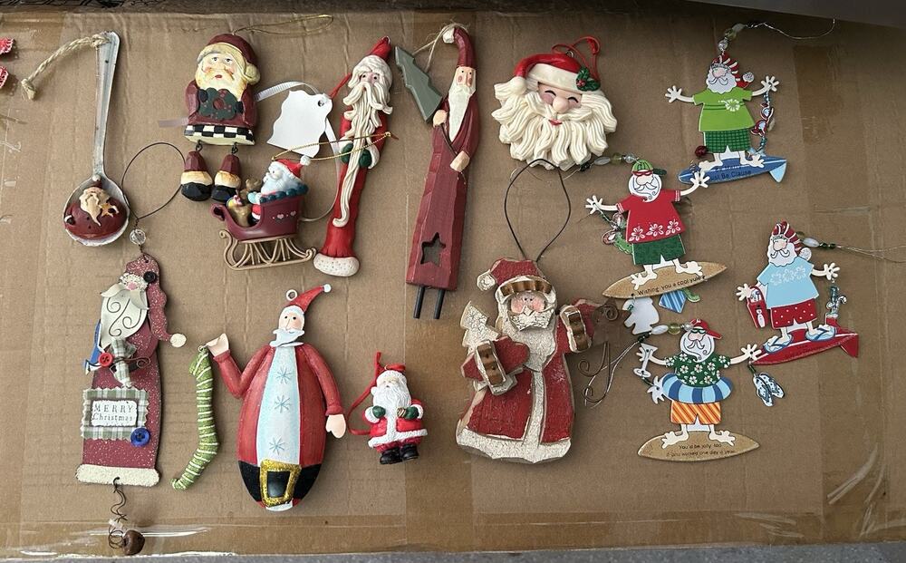 Lot Of 14 Santa Claus Ornaments. Wood Metal Plastic.